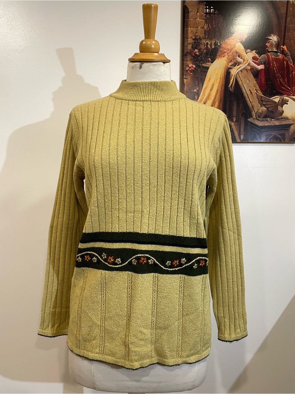 Vintage mustard-yellow ribbed knit mock neck sweater for fall with flowers